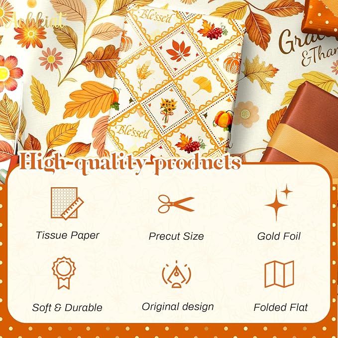 Aobkiat Fall Thanksgiving Tissue Paper for Gift Bags,24 Sheets Pumpkin Maple Leaf Design Paper,Orange Wrapping Craft Paper for DIY, Autumn Harvest Present Packaging,15 x 20 Inch