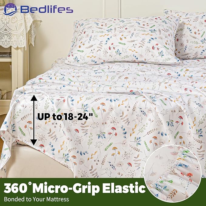 Bedlifes Extra Deep Pocket 18-24" King 4-Piece Sheet Set - Cooling Sheets Blend Rayon Derived from Bamboo Soft & Breathable Floral Design