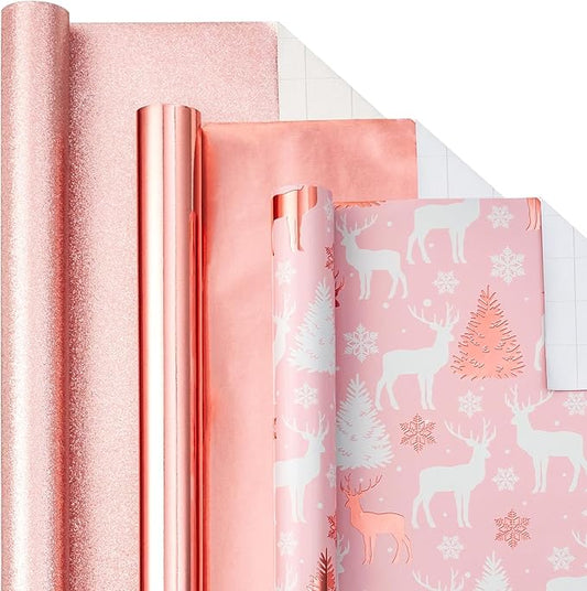 LeZakaa Rose Gold Christmas Wrapping Paper Mini Roll, Glitter Foil Matte and Reindeer Snowflake Design Holiday Gift Wrap, Arts Craft, for Xmas Winter Party, 17 x 120 inches, 3 Rolls