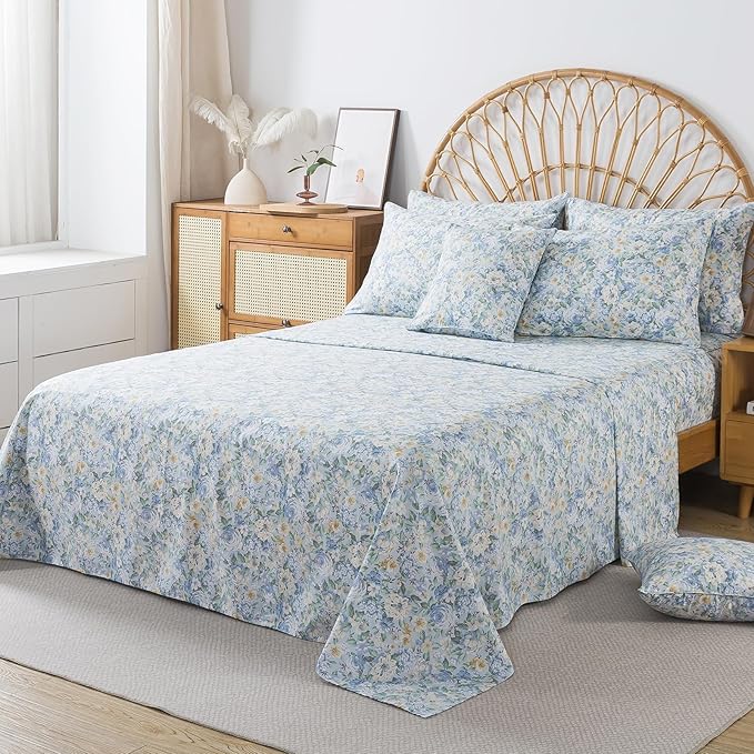 FADFAY 100% Cotton Twin Bed Sheet Set, 4 Piece Blue Yellow Rose Floral Bedding, Soft Breathable Cooling Sheets with Deep Pocket Fitted Sheet, Flat Sheet & 2 Pillowcases, All Season Floral Bedding