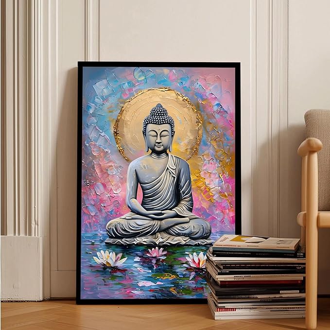 Lotus and golden Buddha meditation tranquil zen wall art mindfulness wall art for spiritual harmony and tranquility decor 8x12in Metal blackFramed