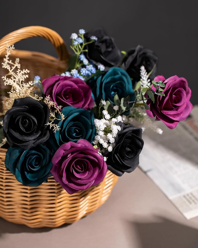 DuHouse 10pcs Fake Black Roses Artificial Silk Flowers Faux Rose Flower Long Stems Bouquet for Arrangement Wedding Centerpiece Party Home Kitchen Decor (Black)