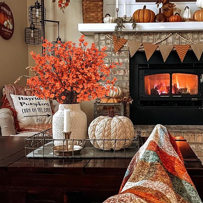 Yastouay Fake Fall Flowers Thanksgiving Table Decor, 5Pcs Fall Orange Faux Artificial Flowers for Decorations, Babys Breath Artificial Flowers Bulk for Thanksgiving Fall Decor Floral Arrangement