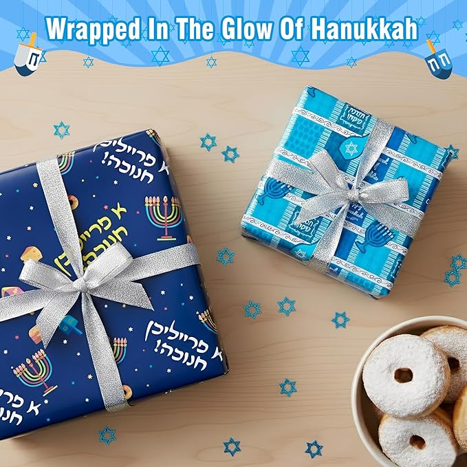 Hanukkah Wrapping Paper (4 Rolls, 93 sq. ft. ttl) Menorahs, Dreidels, Stripe and Star of David Design for Holiday Gift Wrap - Traditional Hanukkah Elements Collection - 17 Inches x 16.5 Feet Per Roll