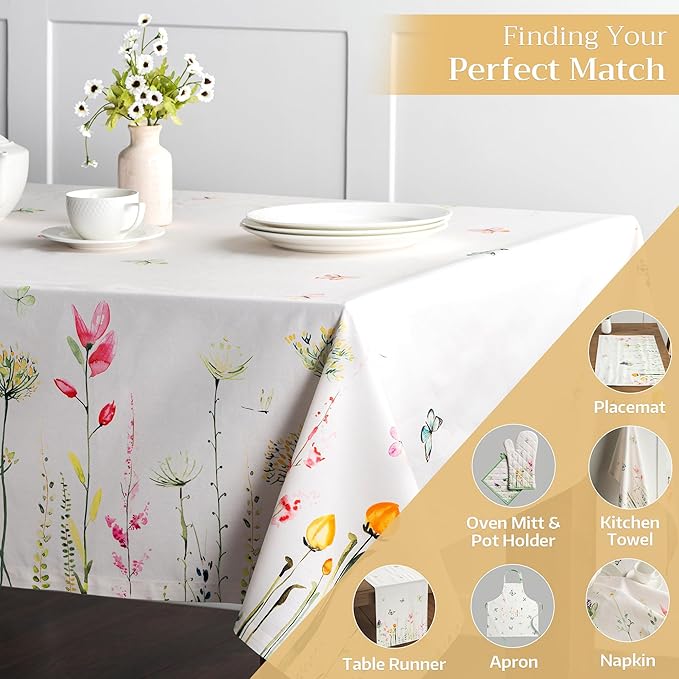 Maison d' Hermine Table Cloth Rectangle Table 100% Cotton 70 x 140 Inches Tablecloth Reusable Decorative for Dining Room, Farmhouse, Home, Party, Festive & Wedding Spring Summer - Botanical Fresh