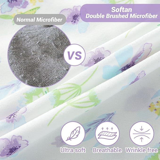 Softan Floral Full Sheet Set Blue Purple Flower Printed Bed Sheets, Soft Microfiber Patterned Fitted Sheets Full with 15" Deep Pocket & Non-Slip Straps, Summer Cooling Sheets & Pillowcase Set