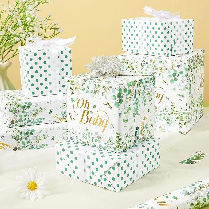 WERNNSAI Green Sage Wrapping Paper - 1 Roll 17”x 9.8 ft Baby Shower Wrapping Paper Green Flower Gift Packing Supply Wedding Bridal Shower Wrap Decor Favor for Baby Girls Birthday Festival Party
