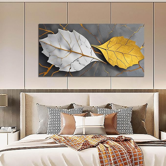 Large Canvas Wall Art for Living Room Bedroom Office Gold and White Leaves Picture Modern Canvas Prints Grey Abstract Framed Wall Decor Size 24x48