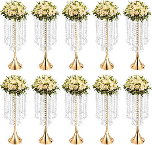 Crystal Chain Flower Vases, 10 Pcs Acrylic Vase Stands with Hand Strung Beads Top Flower Plate Enlarged Trumpet-Shaped Base and Easy Assemble Tabletop Wedding Crystal Flower Stands for Home Decoration