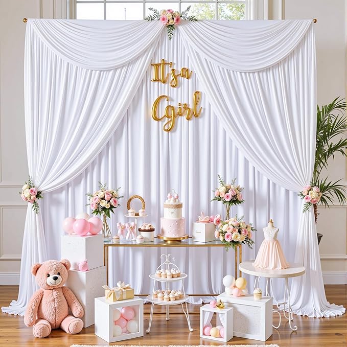 gogoparti 20x12 ft White Wrinkle-Free Backdrop Curtain for Weddings & Parties - 4 Panels (5x12 ft Each) for Birthday, Baby Shower, Halloween Photography Background