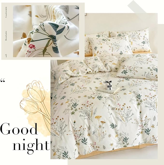 HighBuy Floral Duvet Cover Twin 100% Cotton Girls Yellow Floral Botanical Coquette Bedding Comforter Cover with Zipper Chic Cottagecore Twin Bed Duvet Cover Set 3 Pieces,Lightweight,Breathable