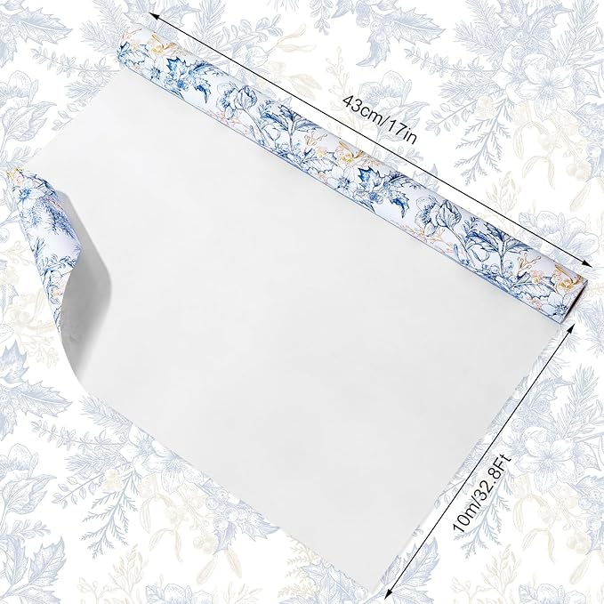 JarThenaAMCS Blue Gold Floral Wrapping Paper -Mini Roll- 17In x 32.8Ft Flower Berry Gift Wrap Paper Decorative Art Paper for Wedding Birthday Gift Packing Supplies