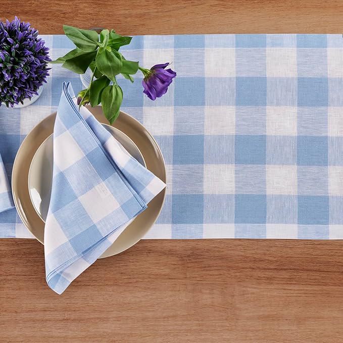 Solino Home Linen Checkered Table Runner 120 Inches Long - 100% Pure Linen Chambray Blue and White Buffalo Check Table Runner 14 x 120 Inch Ideal for Dining, Spring, Easter