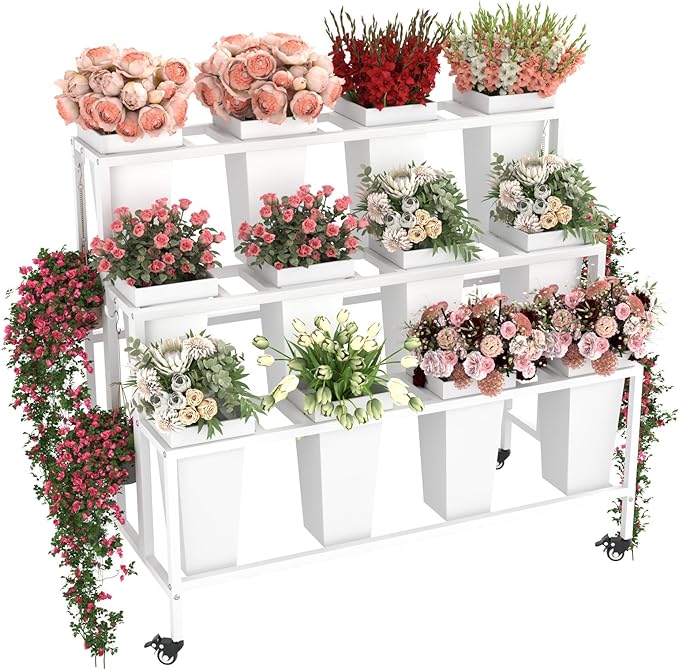 Flower Cart Display Stand for Shops & Weddings – Rolling 3-Tier Flower Bar Cart with 12 Buckets and Hooks – Ideal for Garden and Event Decoration