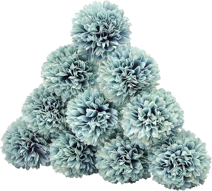 10Pcs Artificial Fake Flower Plants Silk Chrysanthemum Ball Hydrangea Arrangements Wedding Bouquets Decor Home Kitchen Garden Party Table Floral Centerpieces DIY (Grey Blue)