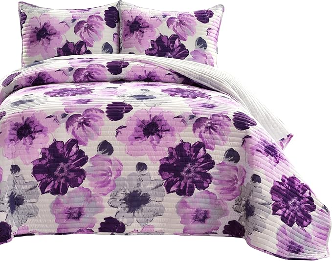 Lush Decor Leah Reversible Floral Quilt Set, 3 Piece Set, King, Gray & Purple - Watercolor Botanical - Cottage Core - French Country Decor- Bedding Queen Size