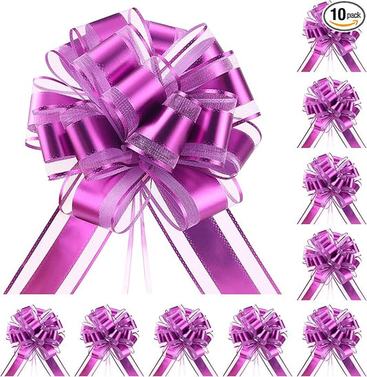10-Pack Lavender Color Pull Bows for Gift Wrapping - 6 Inch Reusable Ribbon Bows, Large Instant Floral Decor Bows for Wedding, Christmas, Birthday Decor, Gift Basket & Party Decorations