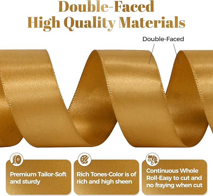 Old Gold Satin Ribbon, Double Faced 1 Inch X 50 Yards Old Gold Ribbon, Premium Satin Ribbons for Gift Wrapping, Crafts, Hair Bow Making, Sewing, Flower Bouquet, Wedding Party Decor