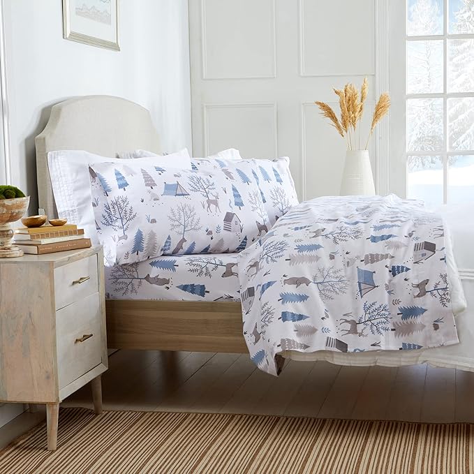 Market & Place 100% Turkish Cotton Flannel Sheet Set | 4 Piece Deep Pocket Novelty Cozy Winter Bed Sheets | Double Brushed for Extra Softness & Comfort | Alpine Collection (Queen, Winter Wildlife)