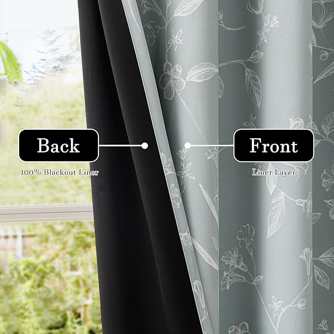ChrisDowa Grey 100% Blackout Floral Curtains 84 Inches Long 2 Panels for Bedroom Living Room White Flower Patterned Room Darkening Thermal Insulated Soundproof Grommet Window Treatments Drapes,52X84