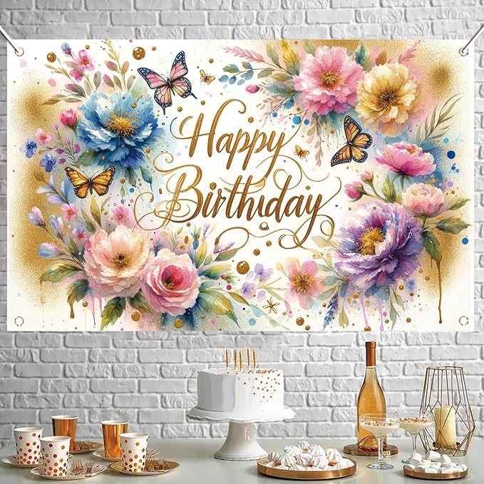 Floral Birthday Backdrop for Girls Spring Butterfly Happy Birthday Photography Background Pink Flower Blossom Plant Pastel Girls Lovely Princess Banner Photo Booth Studio 70.8 x 43.3 Inch