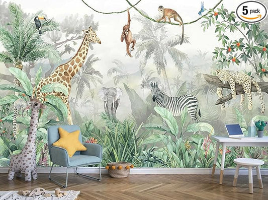 Kids Wallpaper Tropical Leves and Safari Animals Wall Mural for Wall Bedroom Living Room TV Background Sofa Wall（Not Peel and Stick）