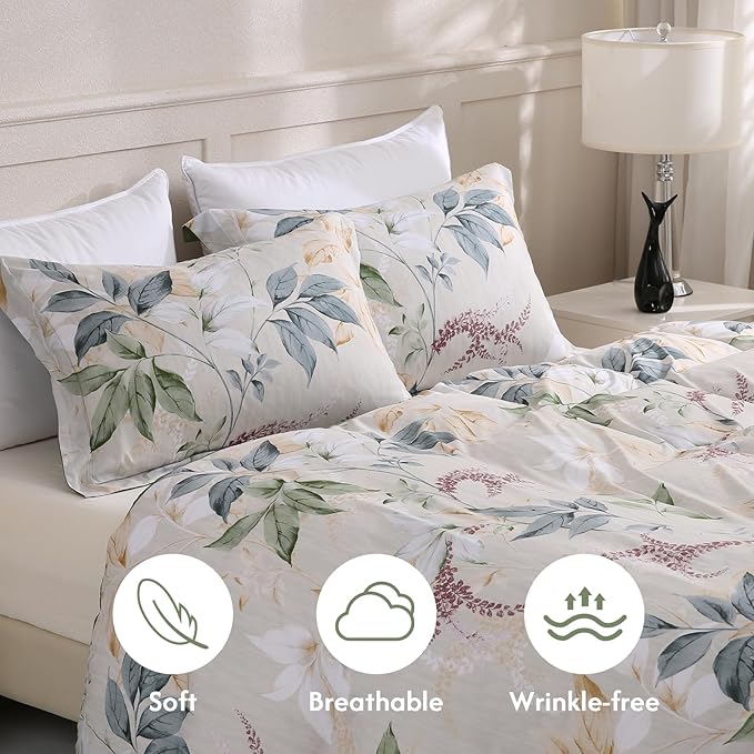 LONAVA Queen Botaincal 3 Pcs Duvet Cover Set, Breathable Soft Microfiber Forest Green Lining Comforter Cover with Zipper Closure, and 2 Anti-Pilling, Fade Resistant Pillowcases, Lavender