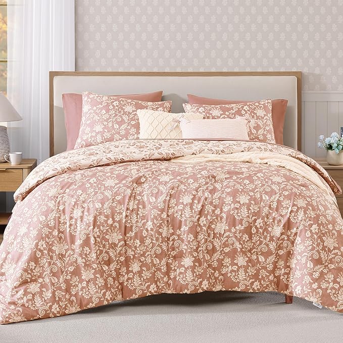 Queen Comforter Set -7 Pieces Clay Pink Floral Comforter Set for All Seasons, Bed in a Bag Queen with Botanical Flowers Comforter, Sheets, Pillowcases & Shams