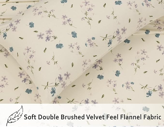 RUVANTI Flannel Sheets King Size - 100% Cotton Brushed King Size Sheets Set - Deep Pockets 16 Inches Bed Sheets - All Seasons Breathable & Extra Soft - Warm & Cozy, 4 Piece, Jasmine Stamp Cream