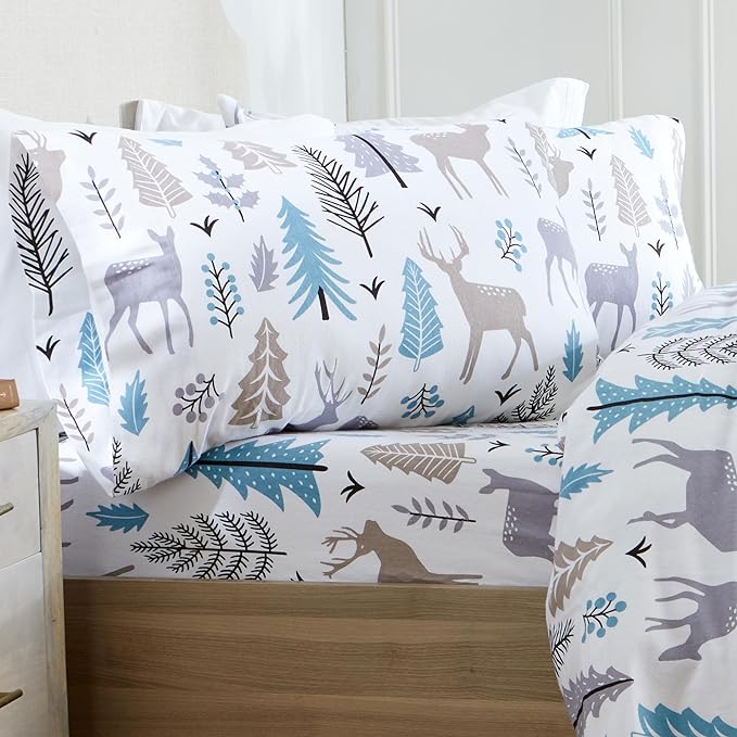 Market & Place 100% Turkish Cotton Flannel Sheet Set | 4 Piece Deep Pocket Novelty Cozy Winter Bed Sheets | Double Brushed for Extra Softness & Comfort | Alpine Collection (King, Holiday Deer)