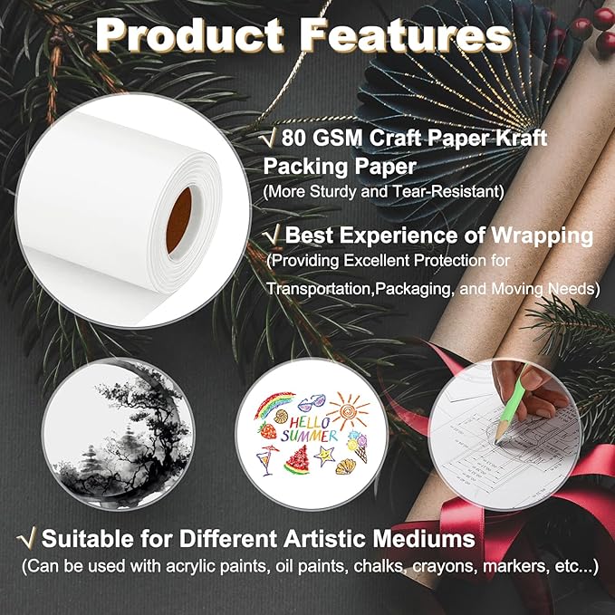 PATIKIL Wrapping Paper, 20"x1200"(100') Bulletin Board Paper Roll Kraft Paper Roll Construction 80GSM for Shipping Packing Gift Wrapping Craft Flower Bouquet Christmas, White