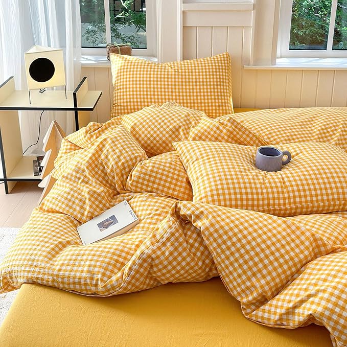 LifeTB Yellow Gingham Comforter Set Full Size Geometric Plaid Checkered Pattern Comforter Farmhouse Grid Plaid Bedding Comforter Set Soft Fluffy Lightweight Bedding Plaid Comforter for All Season