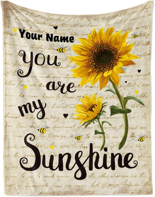 Jekeno Custom Blanket for Women Personalized Sunflower Blanket with Name Flannel Throw Blankets for Bed Couch Sofa 50"x60"