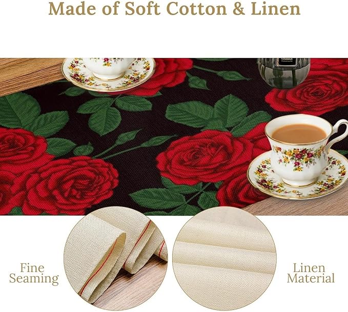 Red Rose Print Table Runner, Romantic Valentines Rose Summer Seasonal Dinner Runner Table Decoration for Home Kitchen Dining Holiday Wedding Party 13x70in
