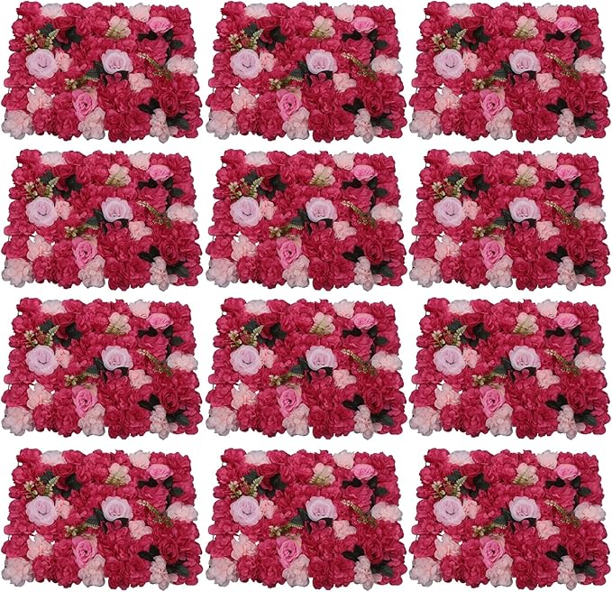 12 Pcs Artificial Flower Wall Panels, 24"x16" 3D Pink Silk Dahlia Hydrangea Rose Flowers Wall Backdrop Artificial Silk Fabric Flower Banquet Wedding Party Decor for Stage Background (Type 3)