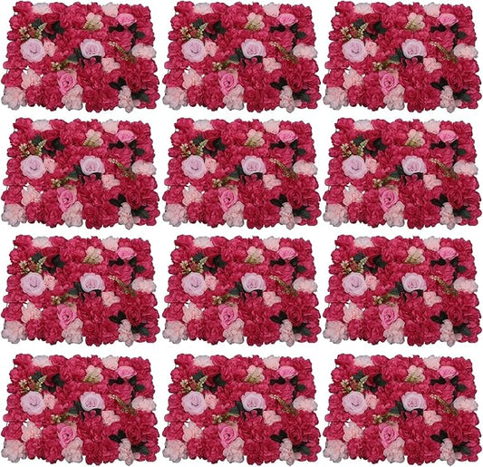 12 Pcs Artificial Flower Wall Panels, 24"x16" 3D Pink Silk Dahlia Hydrangea Rose Flowers Wall Backdrop Artificial Silk Fabric Flower Banquet Wedding Party Decor for Stage Background (Type 3)