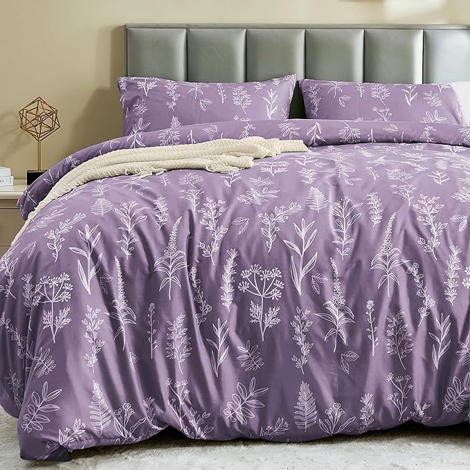 MUXHOMO Duvet Cover Full Size, Reversible Floral Grayish Purple Duvet Cover Set with Zipper Closure, 3 Pieces Botanical Patterns Soft Microfiber Bedding Set with 4 Ties (80"x90", 2 Pillow Cases)