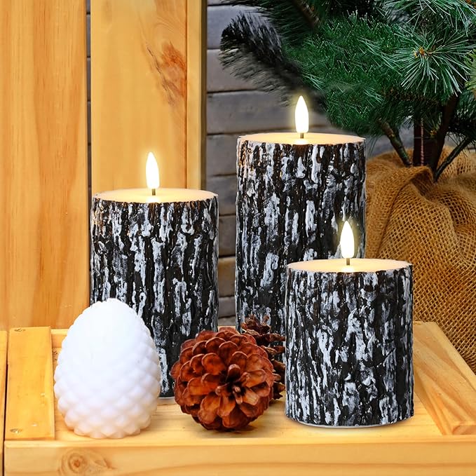 Eywamage Bark Flameless Pillar Candles with Remote, Farmhouse Wood LED Candles Battery Operated Flickering Christmas Decor Set of 3