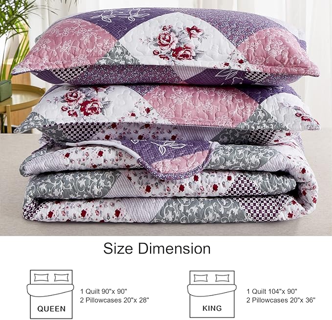 Dinjoy Purple Quilt Set Queen Size, Reversible Floral Plaid Patchwork Pattern Bedding Set Soft Microfiber Lightweight Bedspread Coverlet 3 Piece Spring Summer Use (90x90 inches)