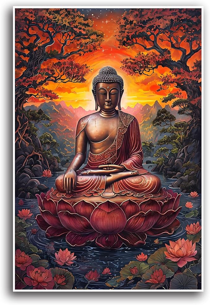 Golden Buddha on lotus seat serene meditation statue amidst lush trees flowing water and sunrise light spiritual home art for a tranquil decor 24x36in Frameless