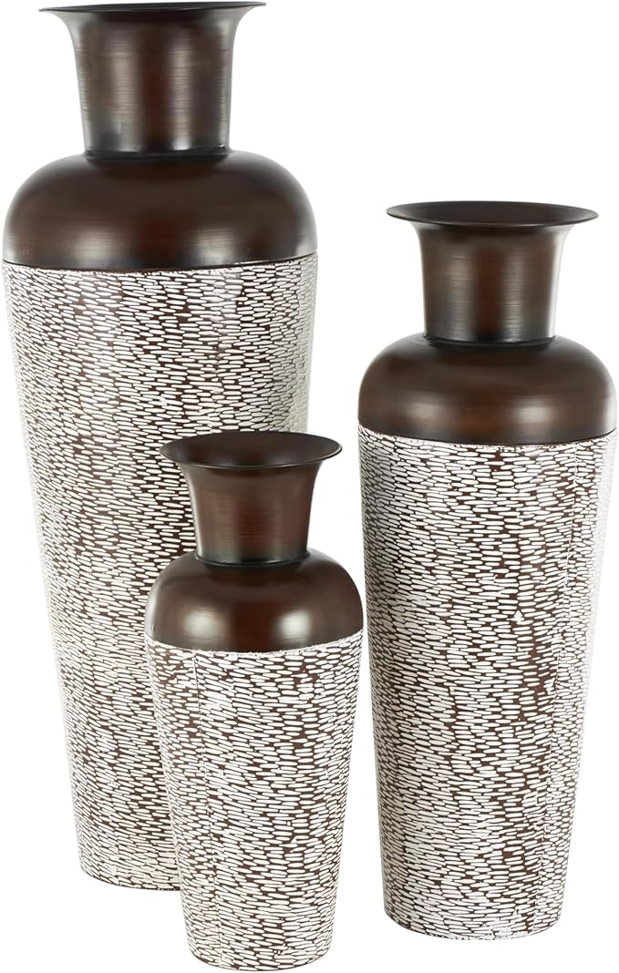 Deco 79 Metal Decorative Vase Tall Spotted Tapered Floor Centerpiece Vases with Brown Trumpet Tops, Set of 3 Flower Vases for Home Decoration 18", 39", 28" H, White