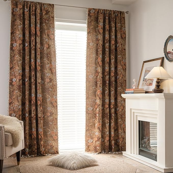 ENJOYBRIDAL Dandelion Curtains 96 Inch Long Bedroom Boho Drapes Vintage Semi Sheer Jacquard Rod Pocket Window Curtain Panels Living Room 2 Panels Decorative Tassel Farmhouse Window Treatments