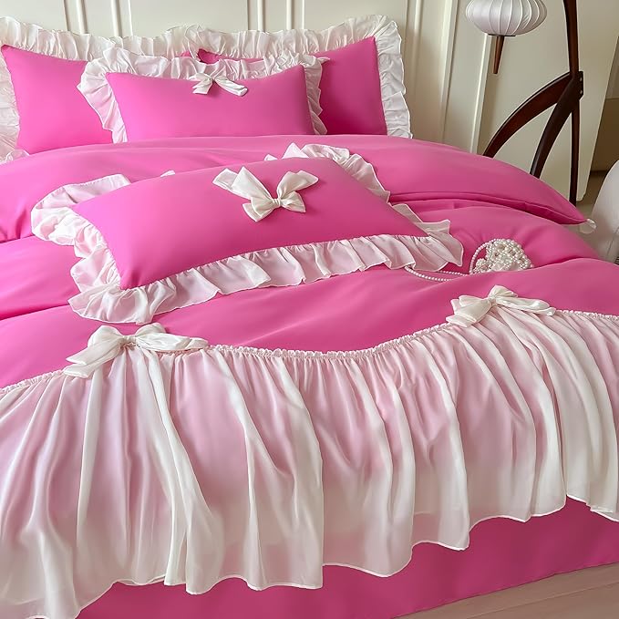 Girls Lace Bedding,Queen Comforter Cover Set, Chic Ruffled Duvet Cover with Lovely Bow,Princess Style 1 Duvet Cover with 2 Pillowcases, No Comforter-Hot Pink,Full Size