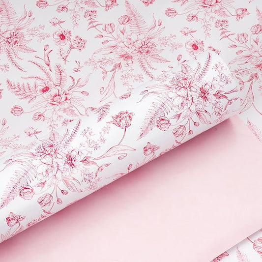 Yarcony Pink Floral Gift Wrapping Paper Roll, Bridal Shower Wrapping Paper, Vintage Toile Pink Floral Gift Wrap for Girl Birthday,Wedding, Mother's Day,Valentine's Day,Baby Shower (17 In X 16.5 Ft)
