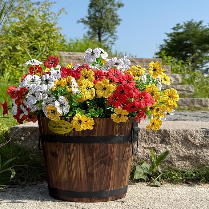 12 Bundles Artificial Flowers for Outdoor,UV Resistant Fake Flowers,Faux Plants for Outside Hanging Planters,Artificial Plants for Indoor Porch Garden Home Wedding Decor(Yellow,Red,White)