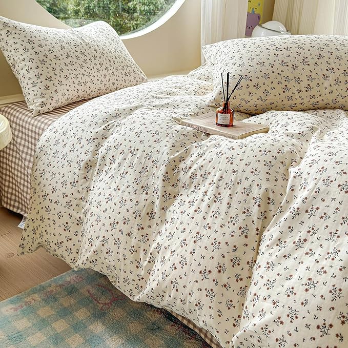 LifeTB 100% Cotton Muslin Duvet Cover King Size Vintage Botanical Floral Duvet Cover Ultra Soft Flower Comforter Cover Lightweight Soft Breathable Gauze Bedding Comforter Cover with 2 Pillowcases
