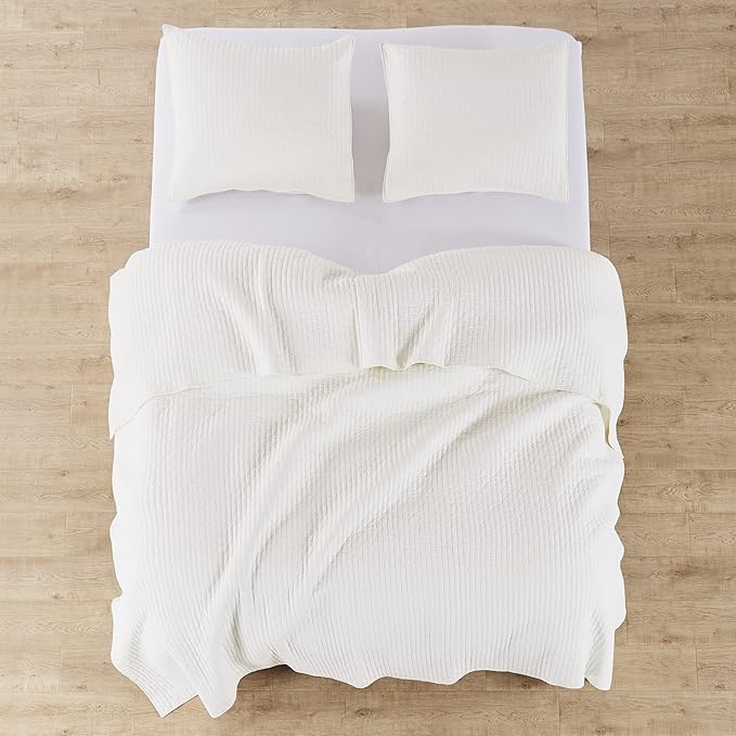 Levtex Home Cross Stitch Reversible Full Bedspread Set (100x104in) with 2 Pillow Shams (26x20in) - Stitch Texture - Cream - 100% Cotton Full Size Bedspread Set - Lightweight, Soft, Pre-Washed