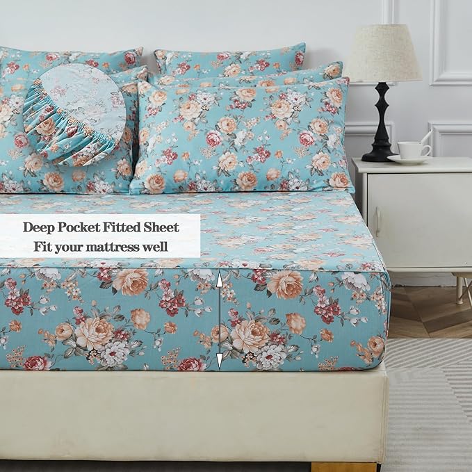 FADFAY Blue Vintage Floral Twin Size Sheets Set Premium 100% Cotton Shabby Rose Pattern Cottagecore Bedding Set Deep Pocket Sheets with 2 Pillowcases Luxury Breathable Soft 4Pcs, Twin Size