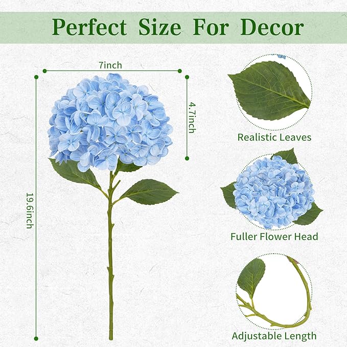 4 Pcs Blue Hydrangea Artificial Flowers, Latex Real Touch Hydrangea Flowers, 19.6'' Full Faux Hydrangea Flowers Fake Flowers for Home Decor Party Wedding Centerpiece Bouquet Floral Arrangements
