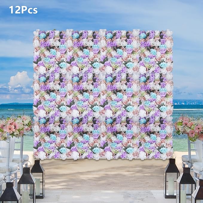 12PCS Flower Wall Panels, 3D Silk Floral Wall Backdrop, Realistic Purple Rose Flower Backplanes, Roll Up Fake Flower Background for Valentines Wedding Party Home Decoration